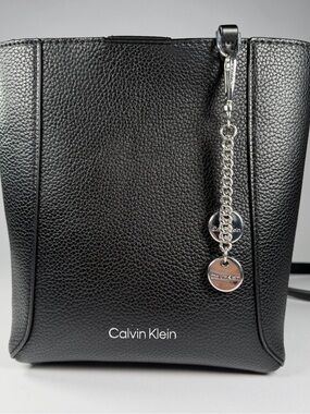 Calvin Klein Black Pebbled Leather Shoulder Bag with Chain Charm